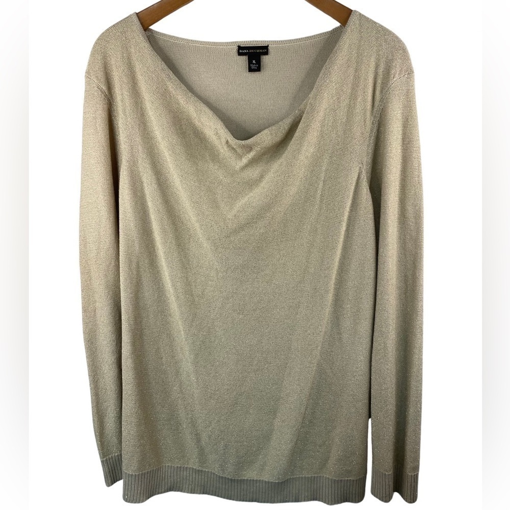 Dana Buchman cowl necked gold sweater. Slight shimmer and fitted sleeves. Sz XL